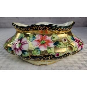 Antique Nippon Porcelain Bowl Floral Black Pink Roses Heavy Gold Gild Pre 1921